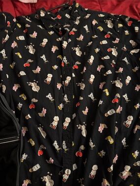 Black Casual Button-Down Shirt with Cute Character Print